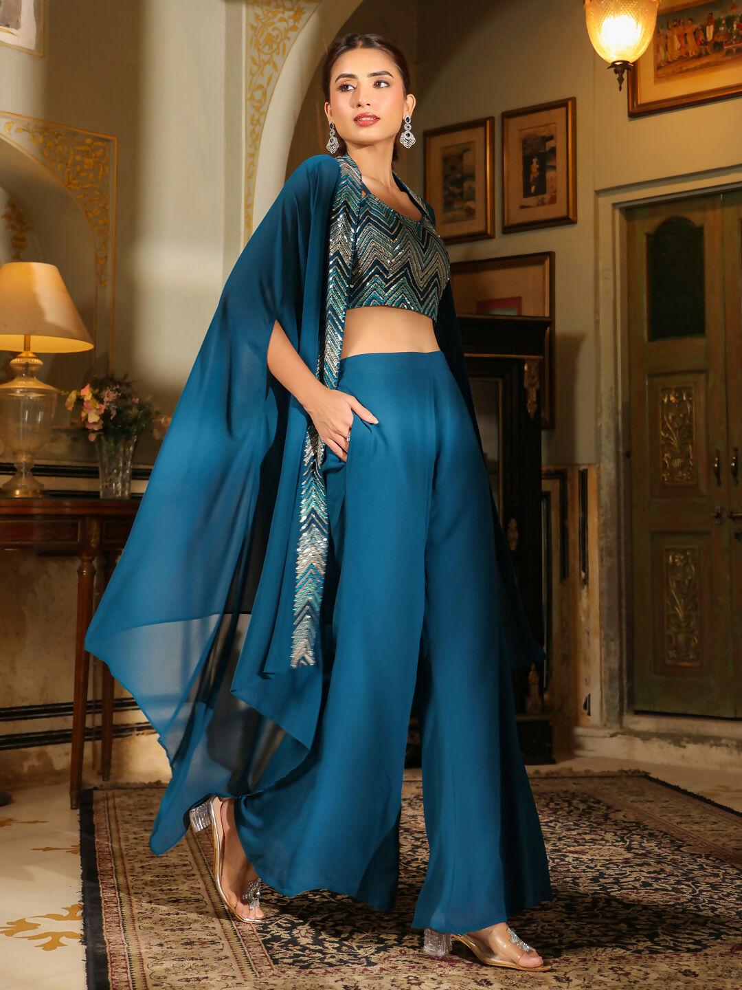 Janasya Teal Blue Georgette Embroidered Top Bottom Cape