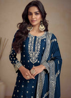 Vastranavya Glamorous Blue Chinon Palazzo Suit With Intricate Sequins Embroidery Work with Dupatta