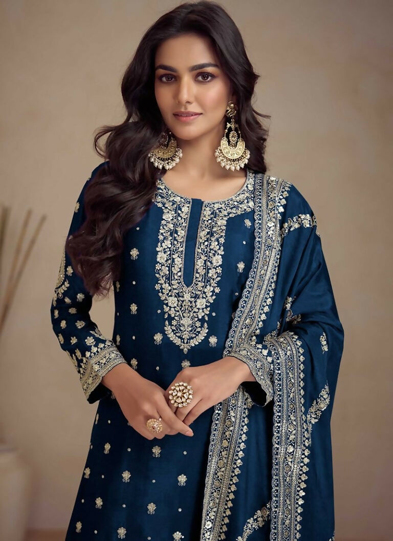 Vastranavya Glamorous Blue Chinon Palazzo Suit With Intricate Sequins Embroidery Work with Dupatta