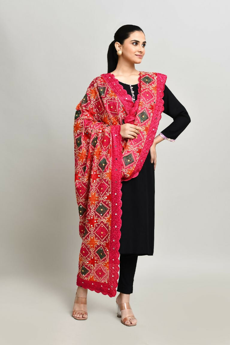Joban Fashion Multi Color Cotton Embroidery Work Phulkari Dupatta