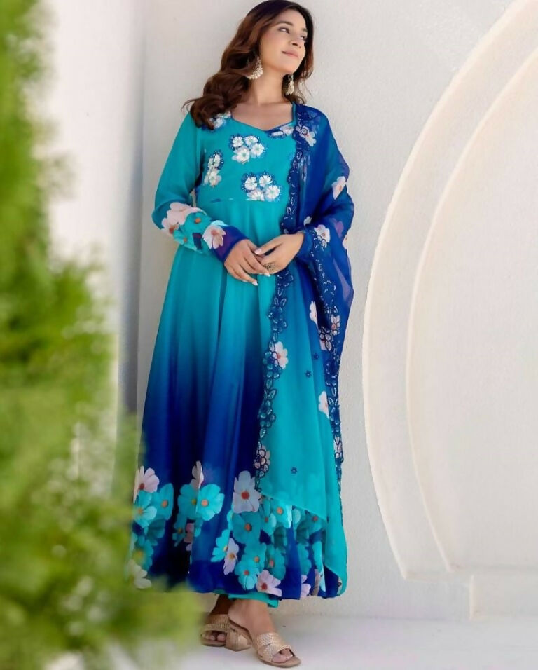 Teeya Creation Multi Color Taby Organza Silk Printed Party Wear Gown - Distacart