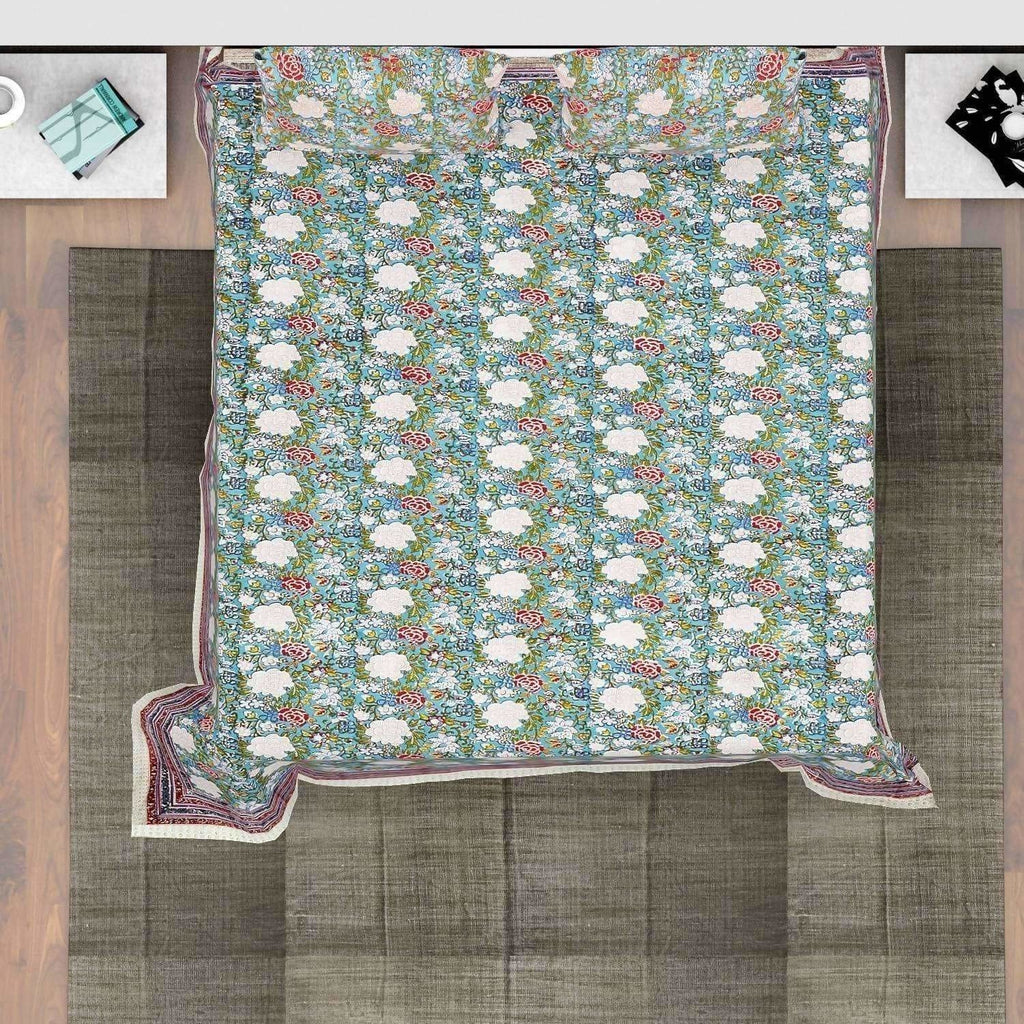 Premium Jaipuri Hand Block Printed Traditional Cotton Queen Bedsheet with 2 Pillow Covers