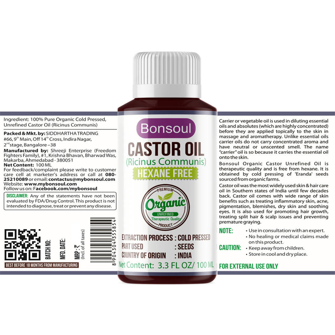 Bonsoul Castor Carrier Oil Hexane Free
