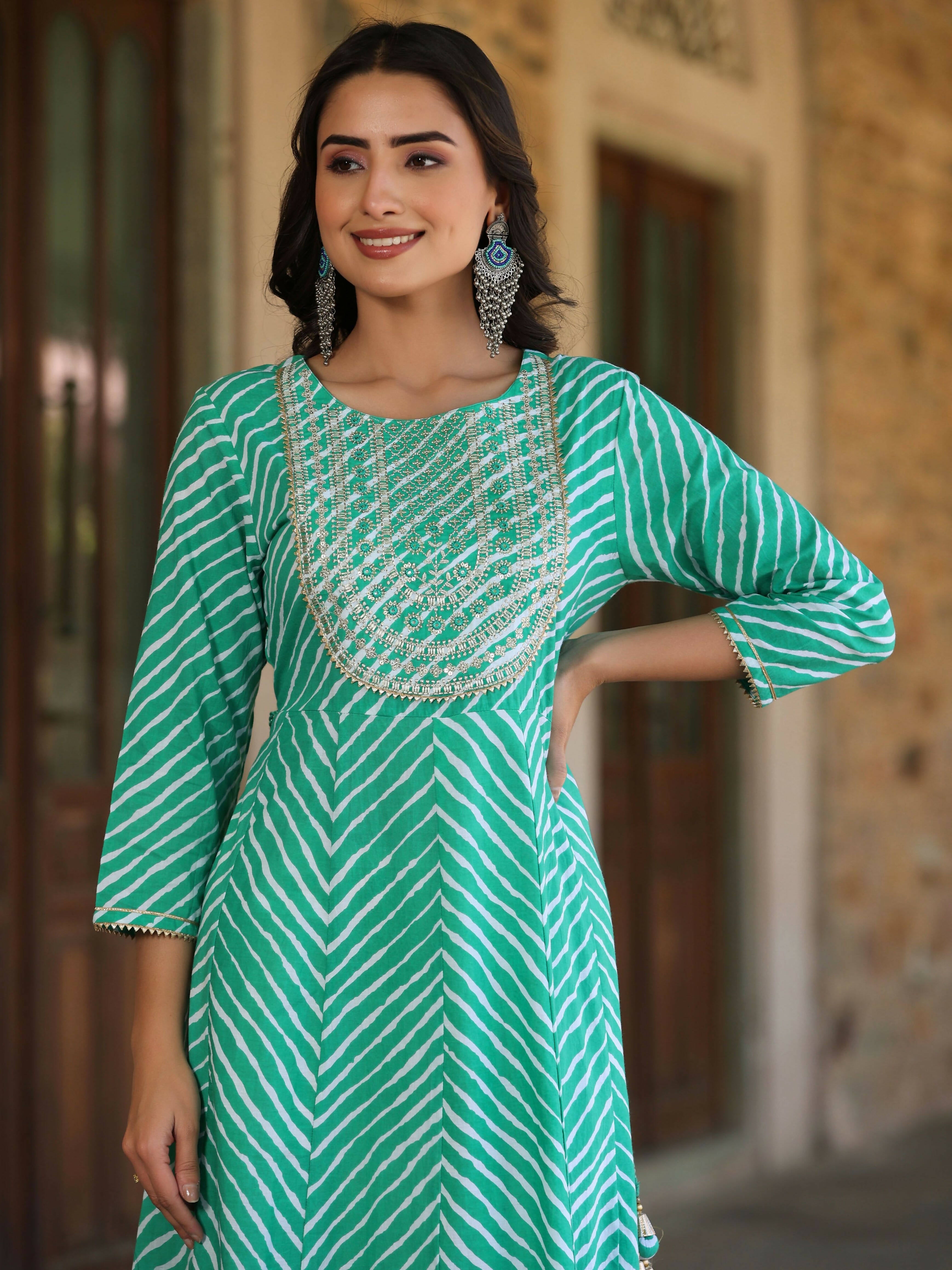 Juniper Women's Green Printed Embroidered Mirror Work Sequin Cotton Flared Dress - Distacart