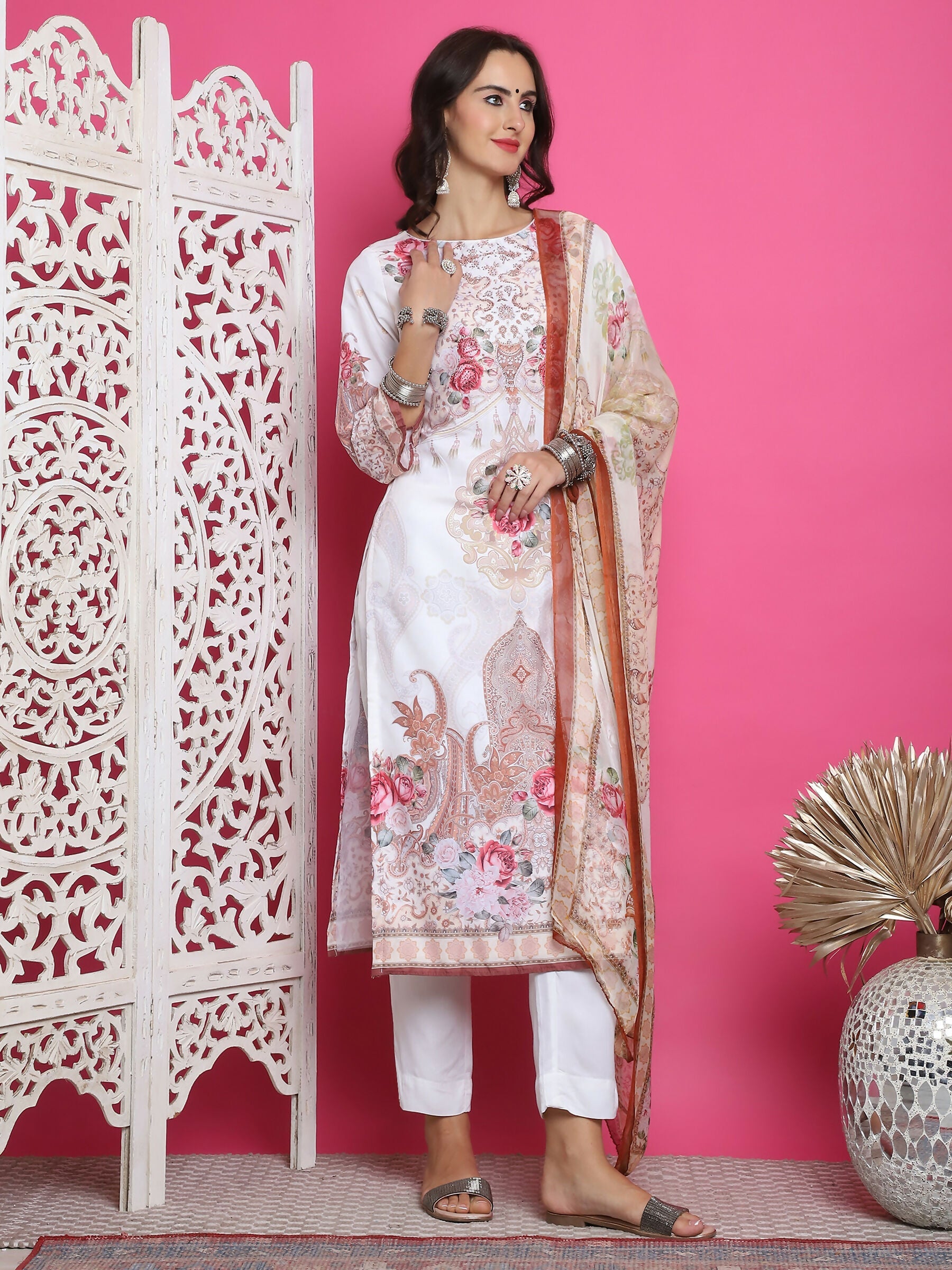 Jyoti Fashion Women's Cream Satin Traditional Digital Print with Crystal work Kurta with Trouser & Dupatta