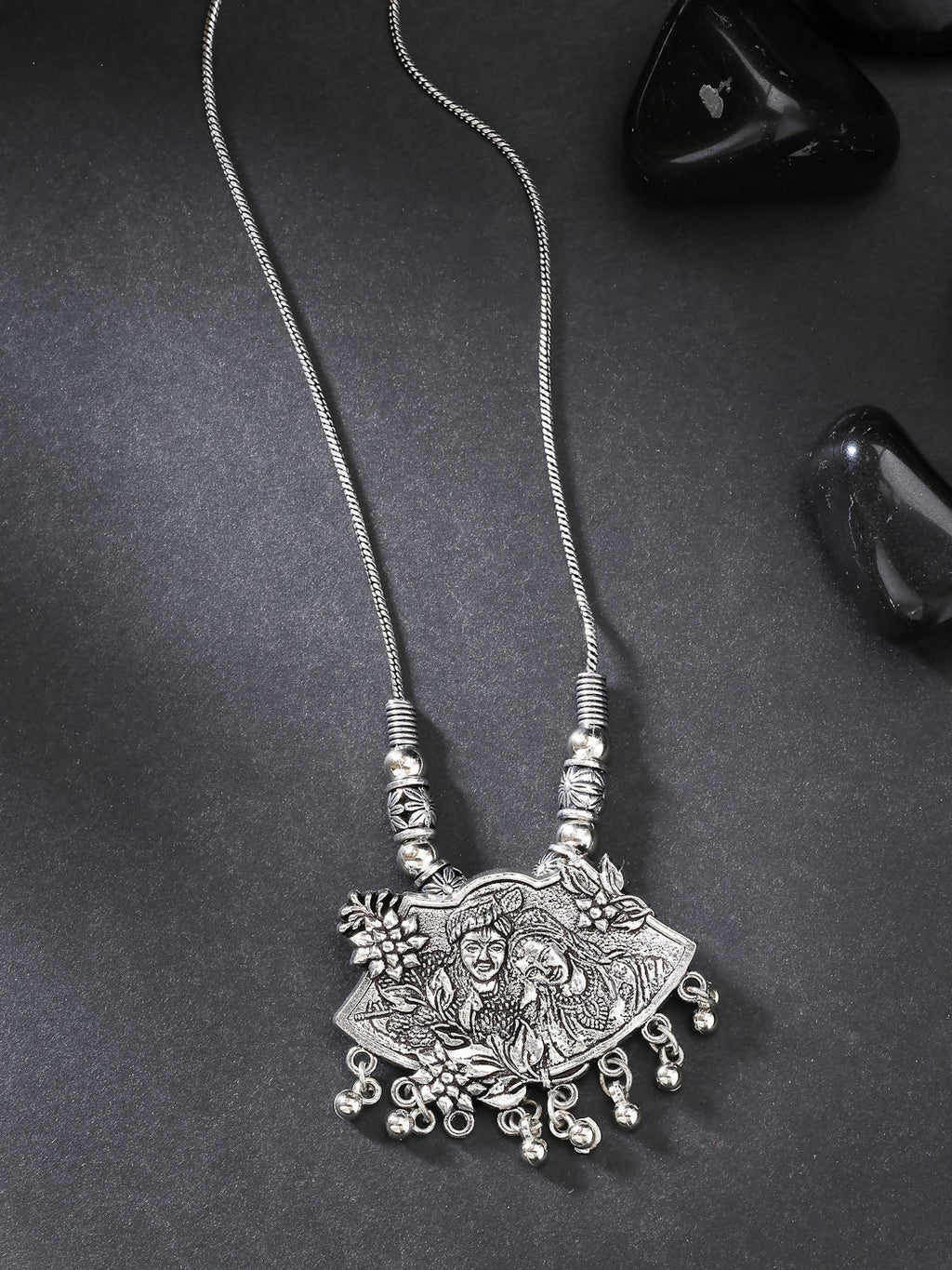 NVR Women's Silver-Toned Radha Krishna Pendant with Chain