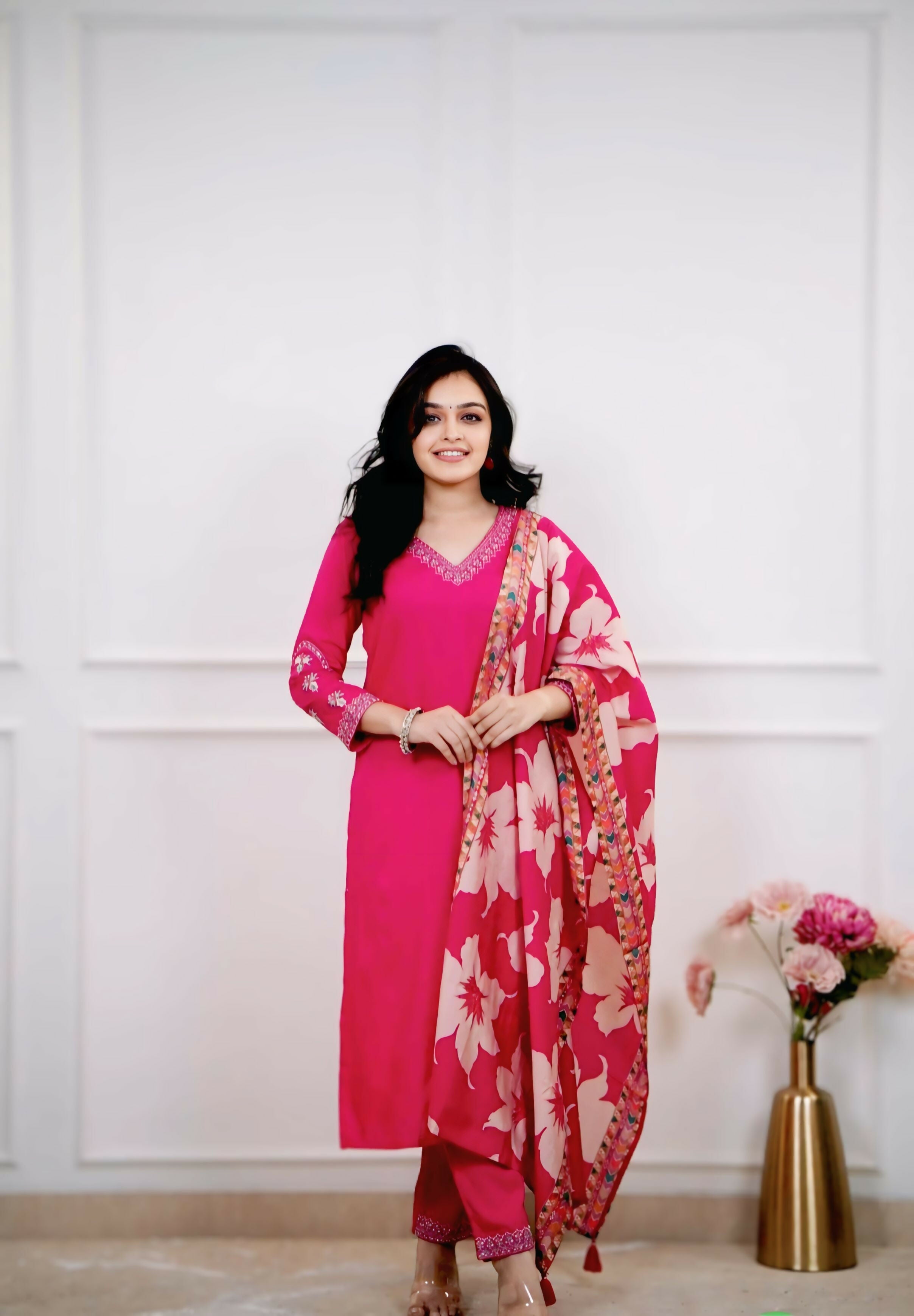 The52 Pink Women's Beautiful Viscose Silk Fabric Embroidered Work Straight Kurta Pant and Dupatta Set - Distacart