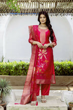 The52 Women's Beautiful Printed Work Jacquard Organza Fabric Straight Kurta Pant and Dupatta Set - Distacart