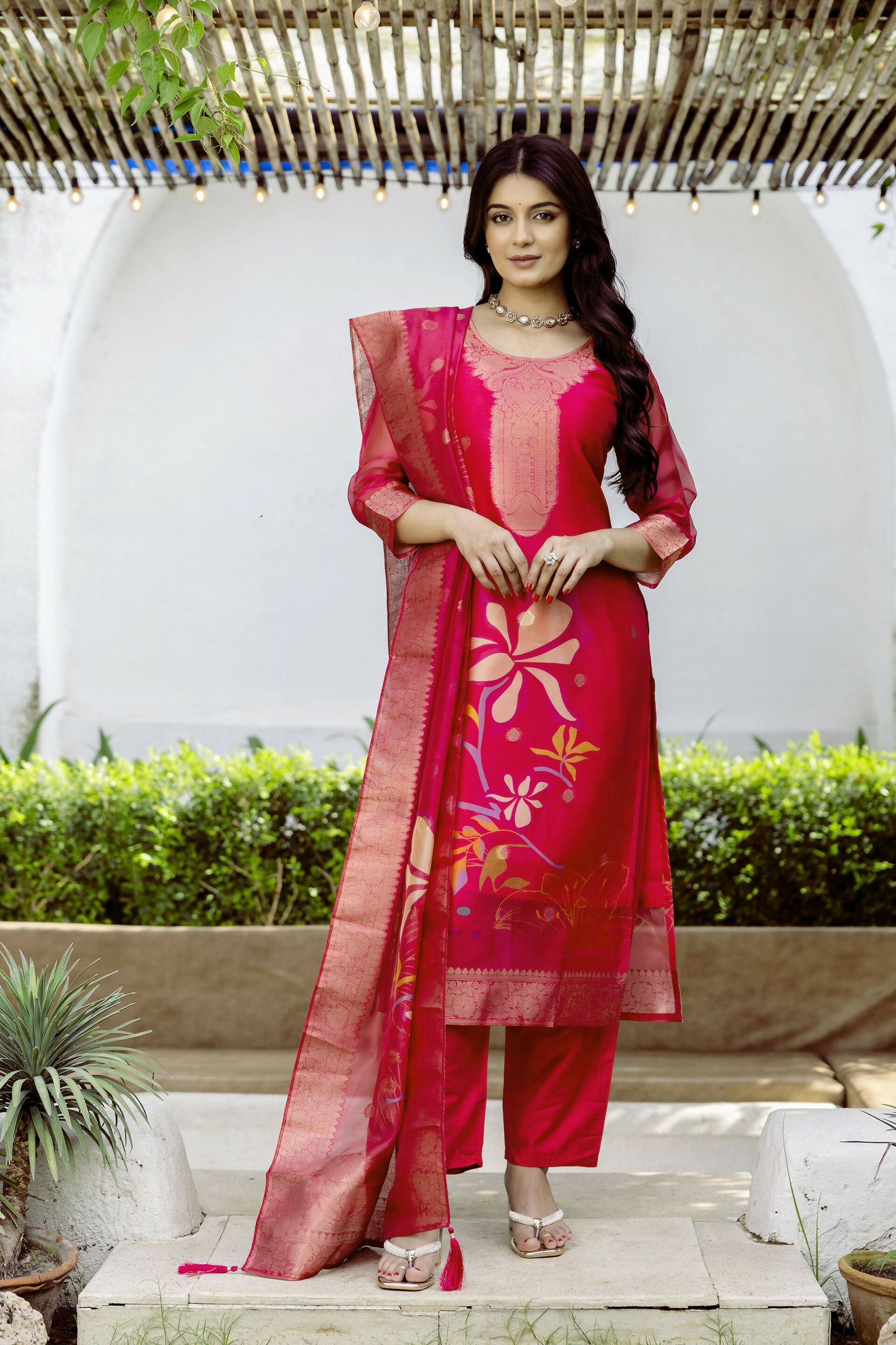 The52 Women's Beautiful Printed Work Jacquard Organza Fabric Straight Kurta Pant and Dupatta Set - Distacart