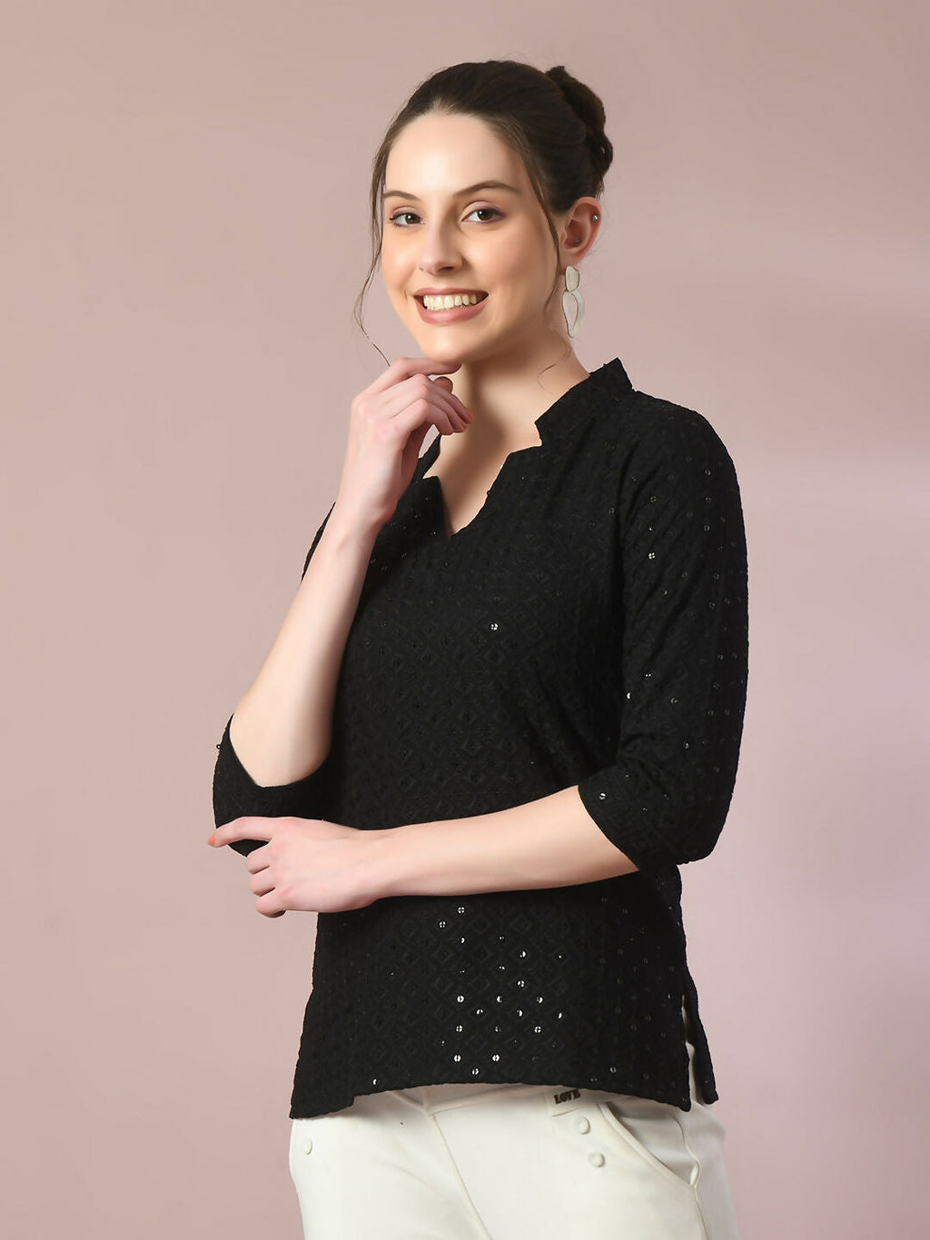 Myshka Women's Black Embellished Cotton Regular Party Tunic