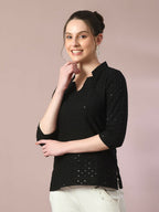 Myshka Women's Black Embellished Cotton Regular Party Tunic
