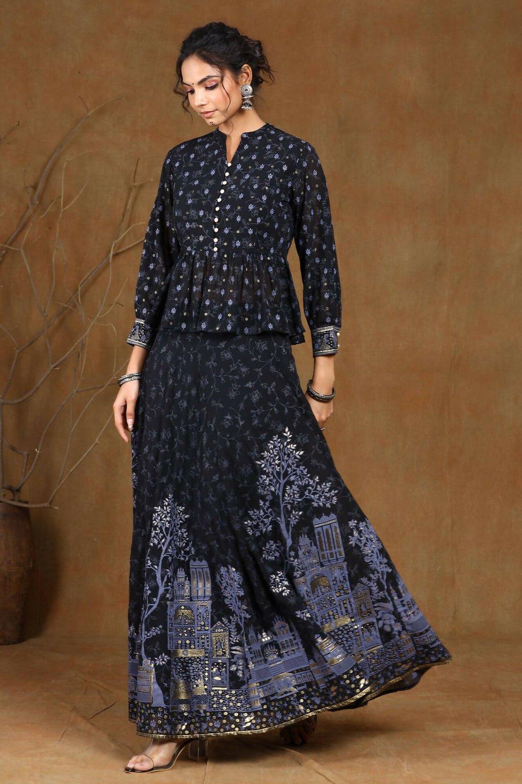 Juniper Women Black Georgette Printed Flared Lehenga Choli Sets - Distacart