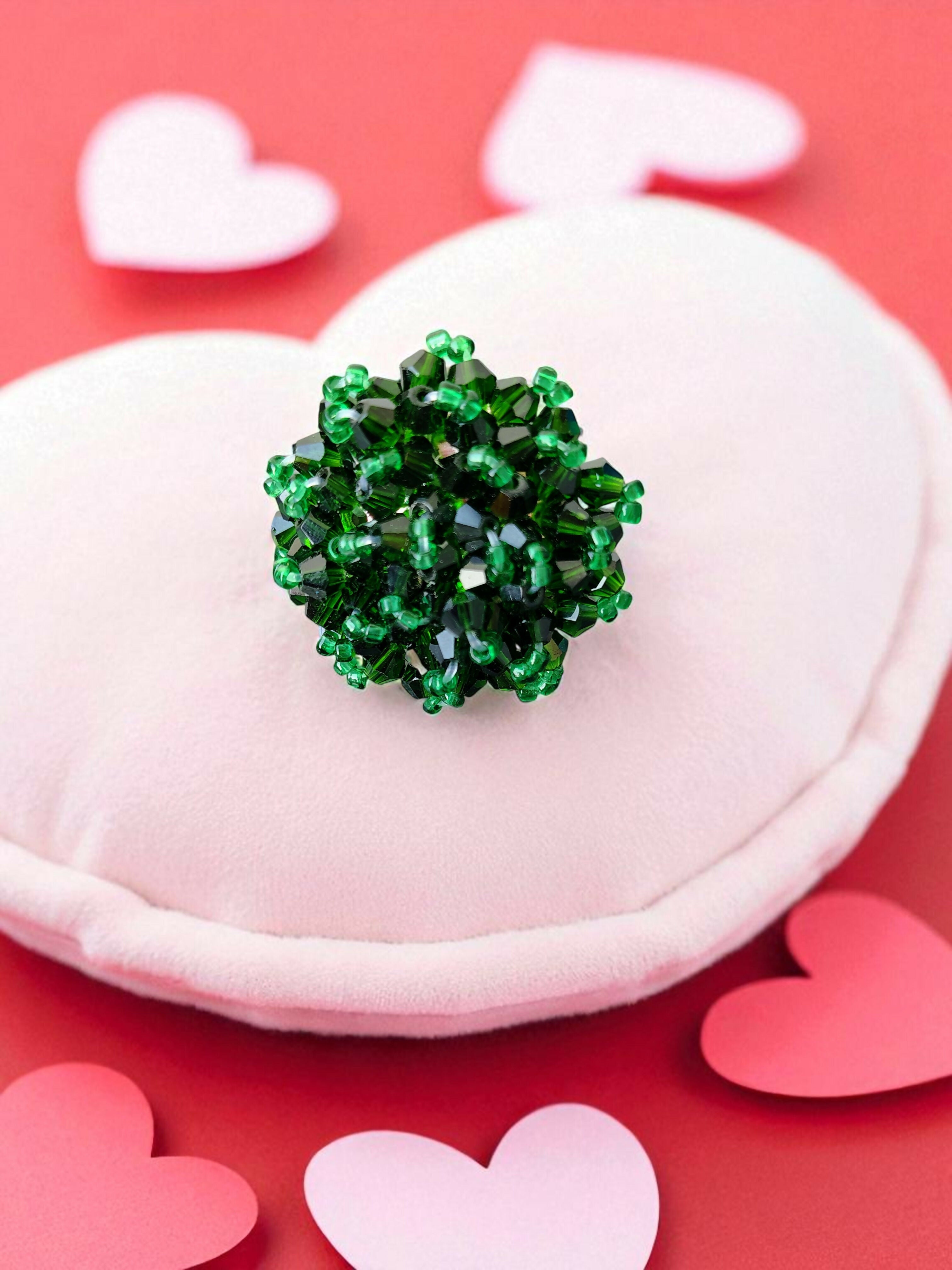 Inhanns Rang-E-Roshan Adjustable Ring – Handmade Crystal Statement Ring - Dark Green