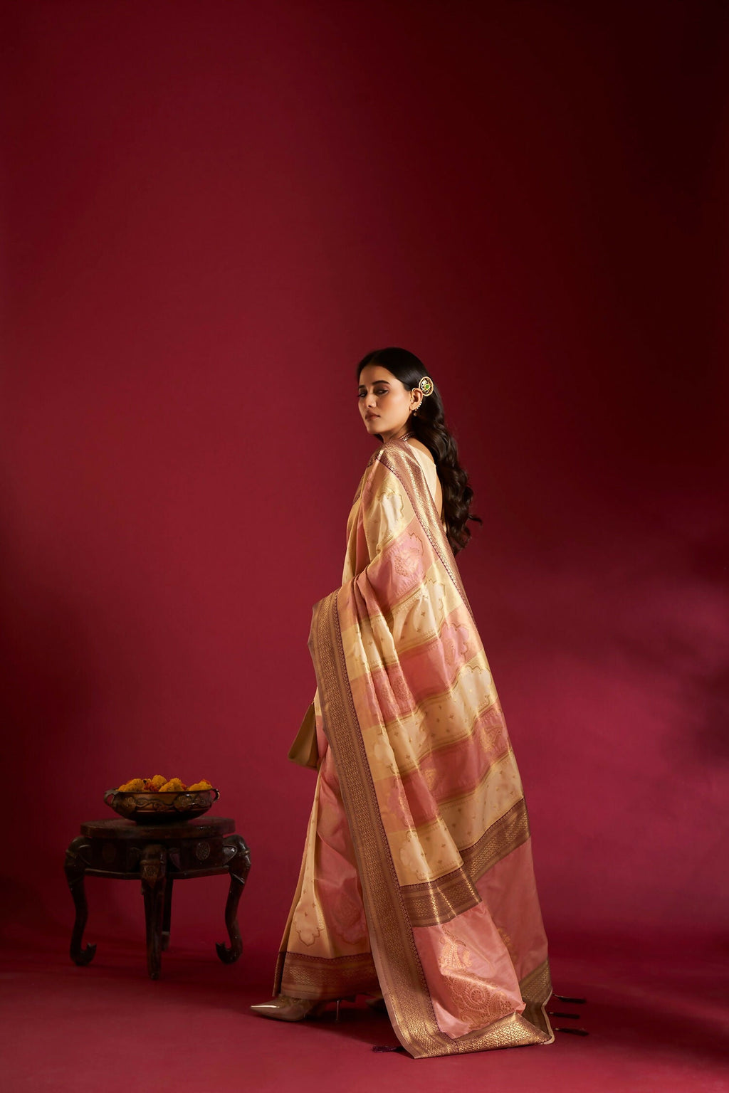 Joban Fashion Cream & Light Pink Plain With Weaving Border Banarasi Silk Sarees