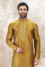 Raivat Ethnic Jacquard Silk Brocade Mirror and Thread Work Kurta Pajama In Golden Colour