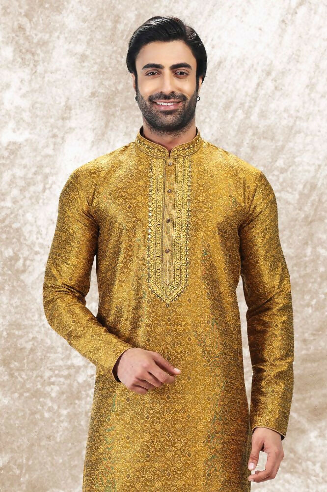 Raivat Ethnic Jacquard Silk Brocade Mirror and Thread Work Kurta Pajama In Golden Colour