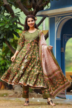 Yufta Women Green Printed Kurta With Trouser & Dupatta