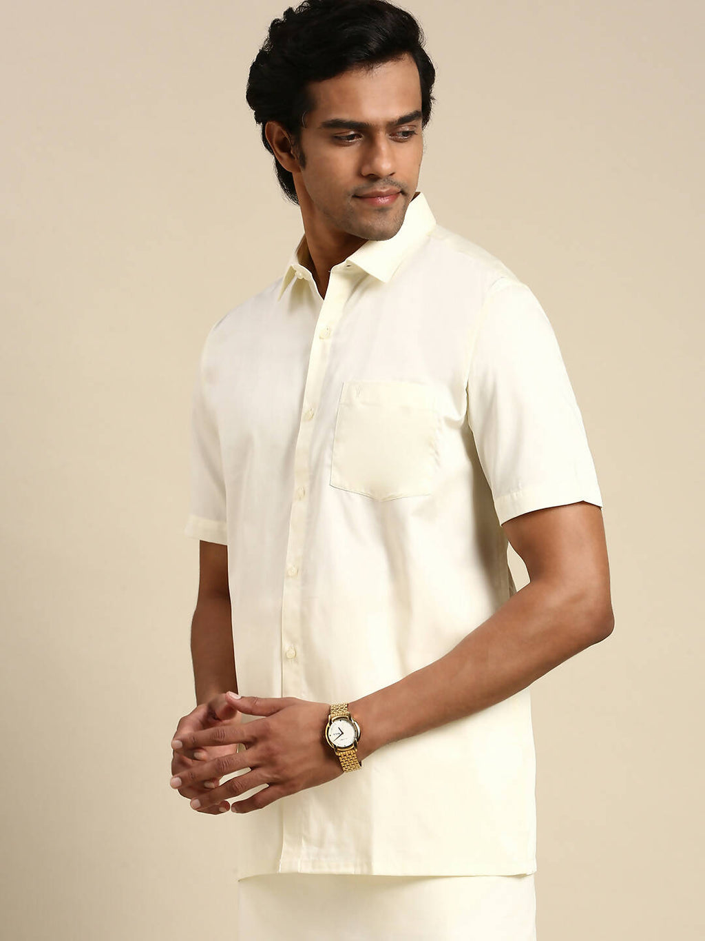 Ramraj Cotton Mens Cotton Cream Colour Half Sleeve Shirt