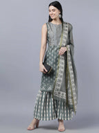 Myshka Women Grey Ethnic Motifs Printed Kurta with Shararas With Dupatta Set - Distacart