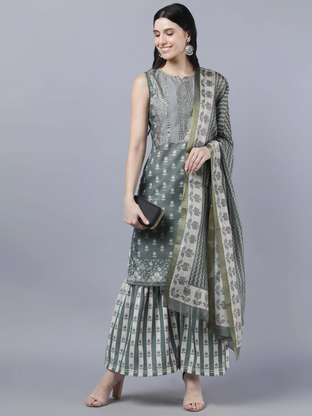 Myshka Women Grey Ethnic Motifs Printed Kurta with Shararas With Dupatta Set - Distacart