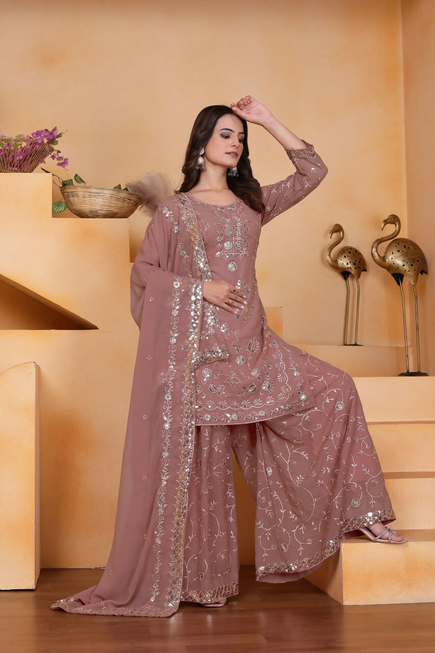 Teeya Creation Onion Color Faux Georgette Embroidery Work Wedding Wear Palazzo Set - Distacart