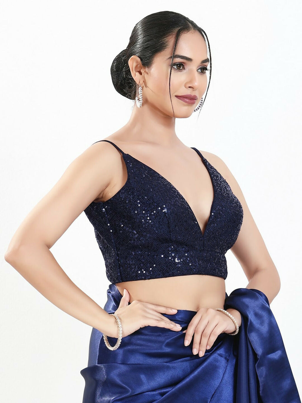 Joban Fashion Navy Blue Sequin Padded Blouse With V Neck Sleeveless - Distacart