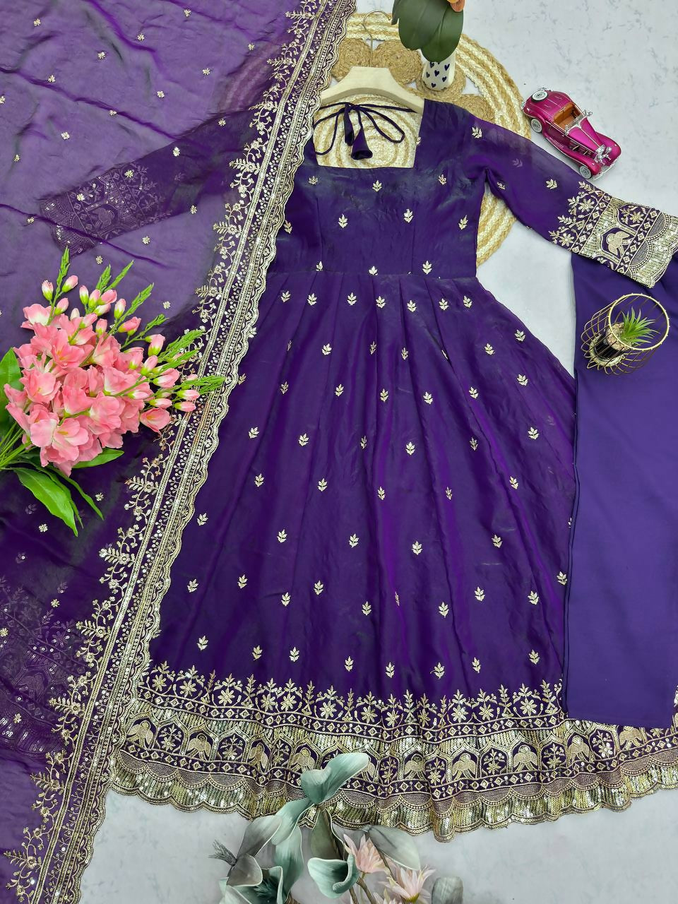 Teeya Creation Purple Fendi Silk Designer Heavy Work Wedding Wear Long Gown