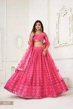Aastha Fashion Bright Pink Butterfly Net Tone To Tone Thread Work And Sequence Work Embroidery Wedding Wear Lehenga Choli