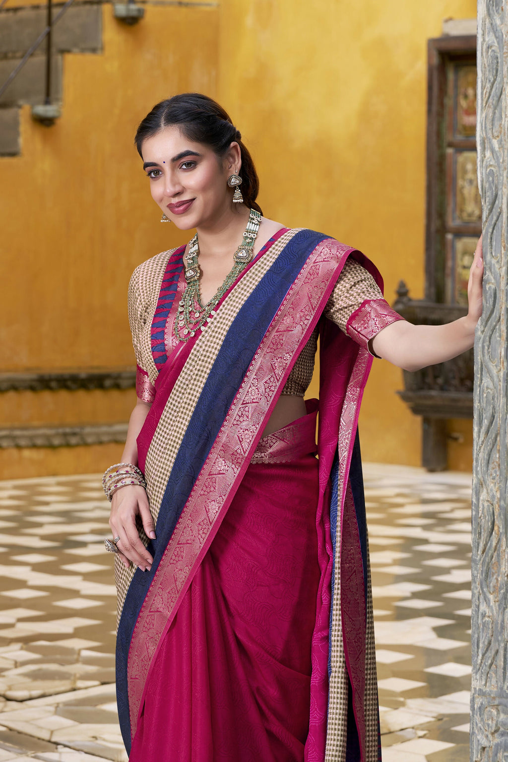 Vastranavya Pink Printed with Zari Weaving Work Poly Cotton Saree & Unstitched Blouse - Distacart
