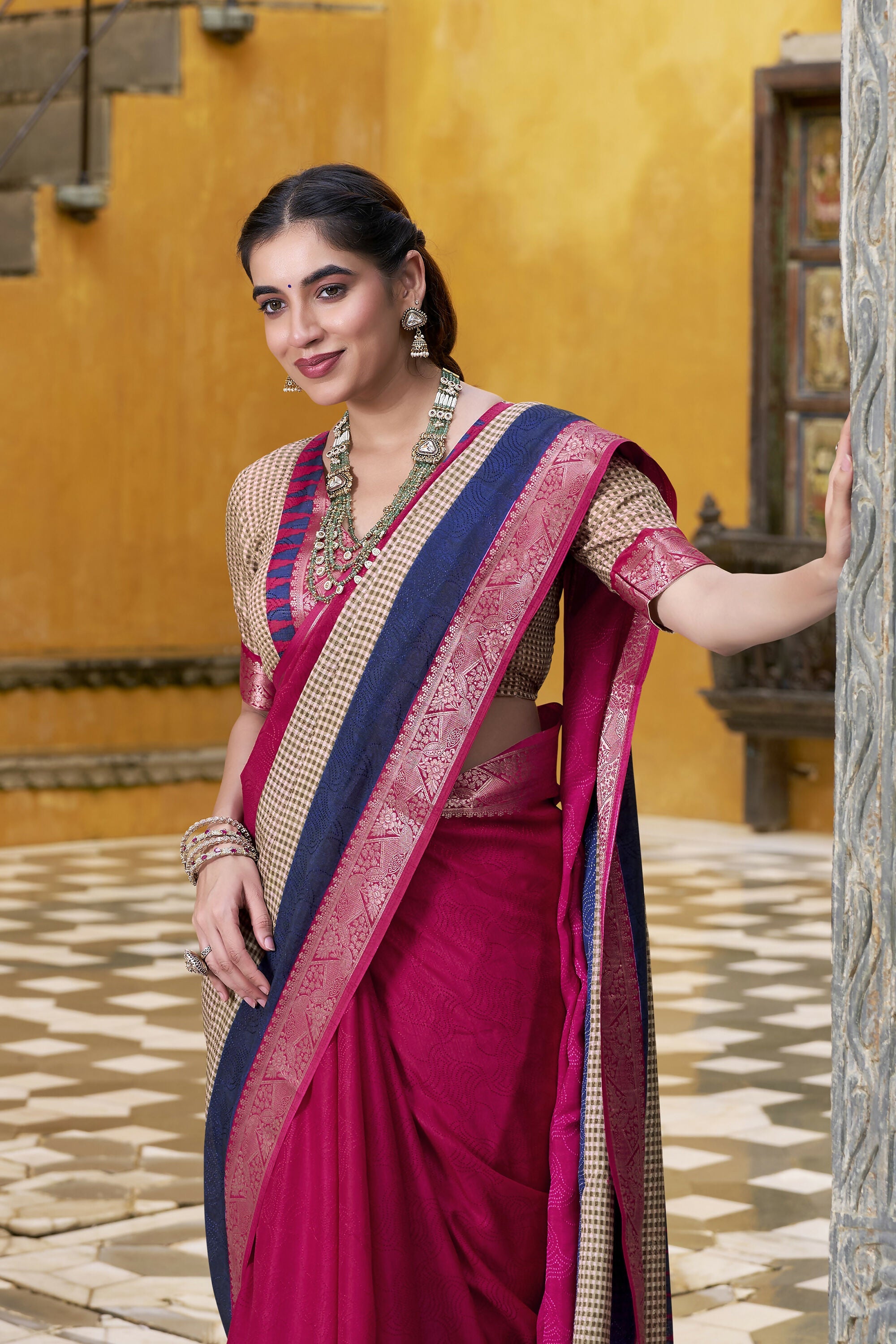 Vastranavya Pink Printed with Zari Weaving Work Poly Cotton Saree & Unstitched Blouse - Distacart