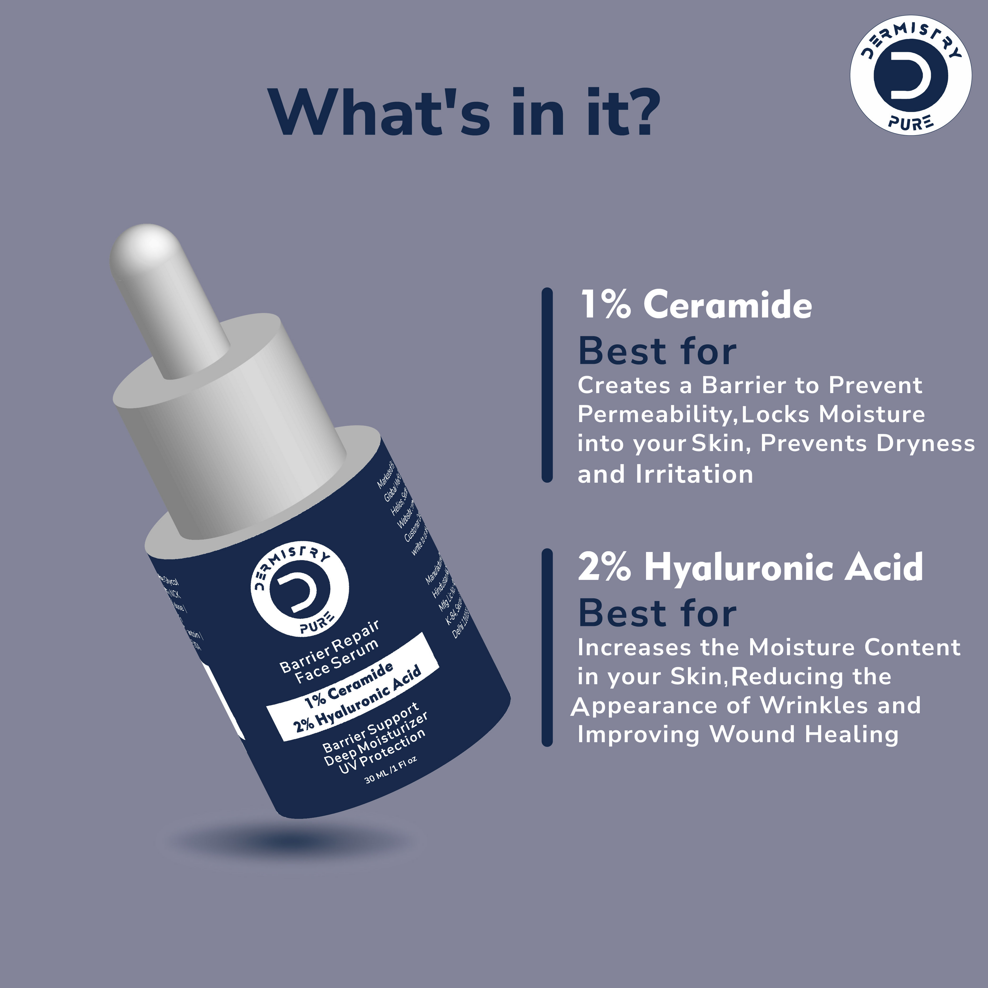 Dermistry 1% Ceramide 2% Hyaluronic Acid Sensitive Dry Skin Barrier Repair Moisturiser Face Serum