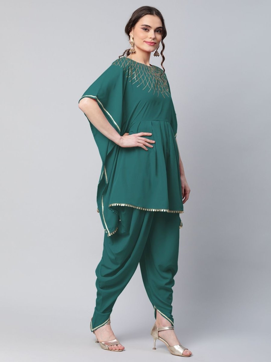 Ahalyaa Women Dark Green Crepe Glitter Printed Kurta with Dhoti Pants - Distacart