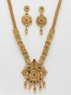 NVR Women's Gold-Polished Pink & Green Stone-Studded Peacock Design Temple Jewellery Set