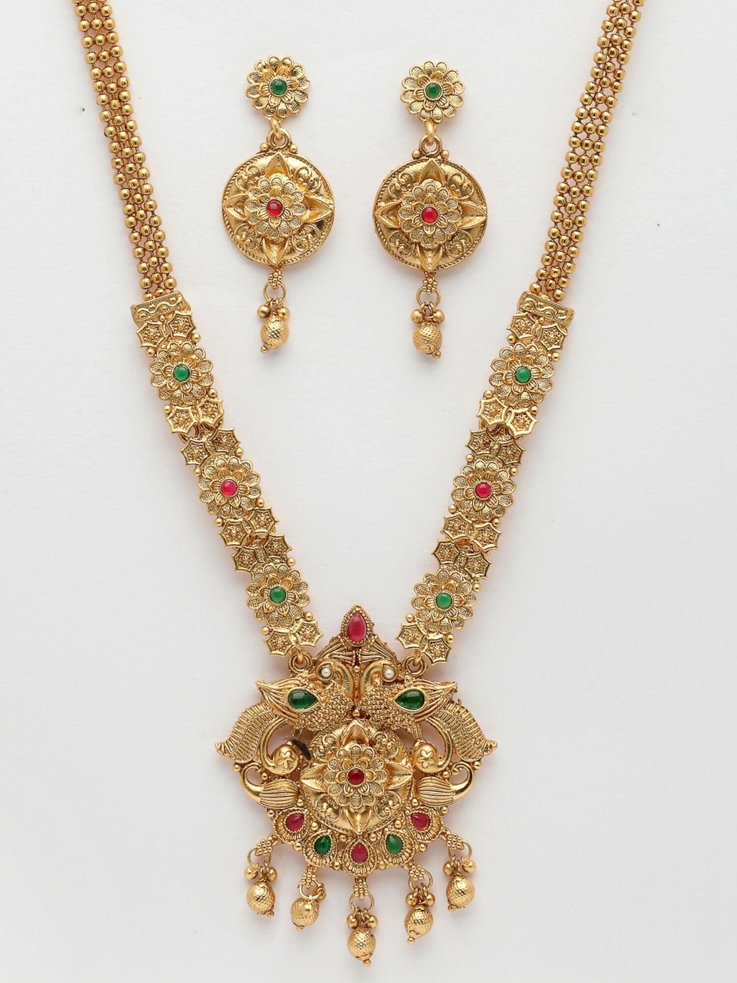 NVR Women's Gold-Polished Pink & Green Stone-Studded Peacock Design Temple Jewellery Set