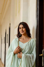 Teeya Creation Mint Green Chinnon Heavy Work Long Wedding Gown - Distacart