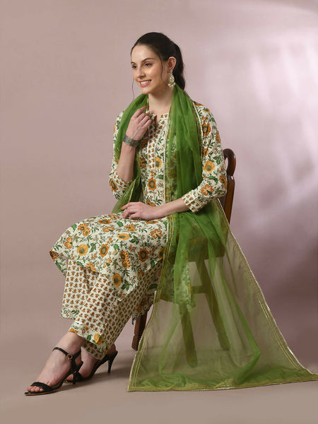 Myshka Women's Multi Printed Cotton Straight Party Kurta Set With Dupatta
