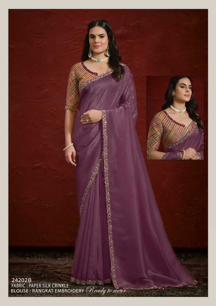 Mustard Crush Paper Silk Sequence with Handwork Saree with Stitched Blouse - Mohmanthan Aaina