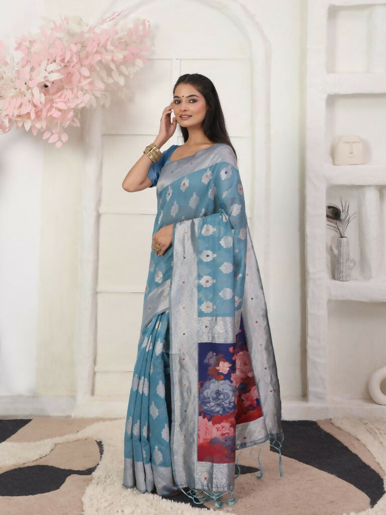 Shree Shyam Fashion Linen Cotton Sky Blue Saree - Distacart