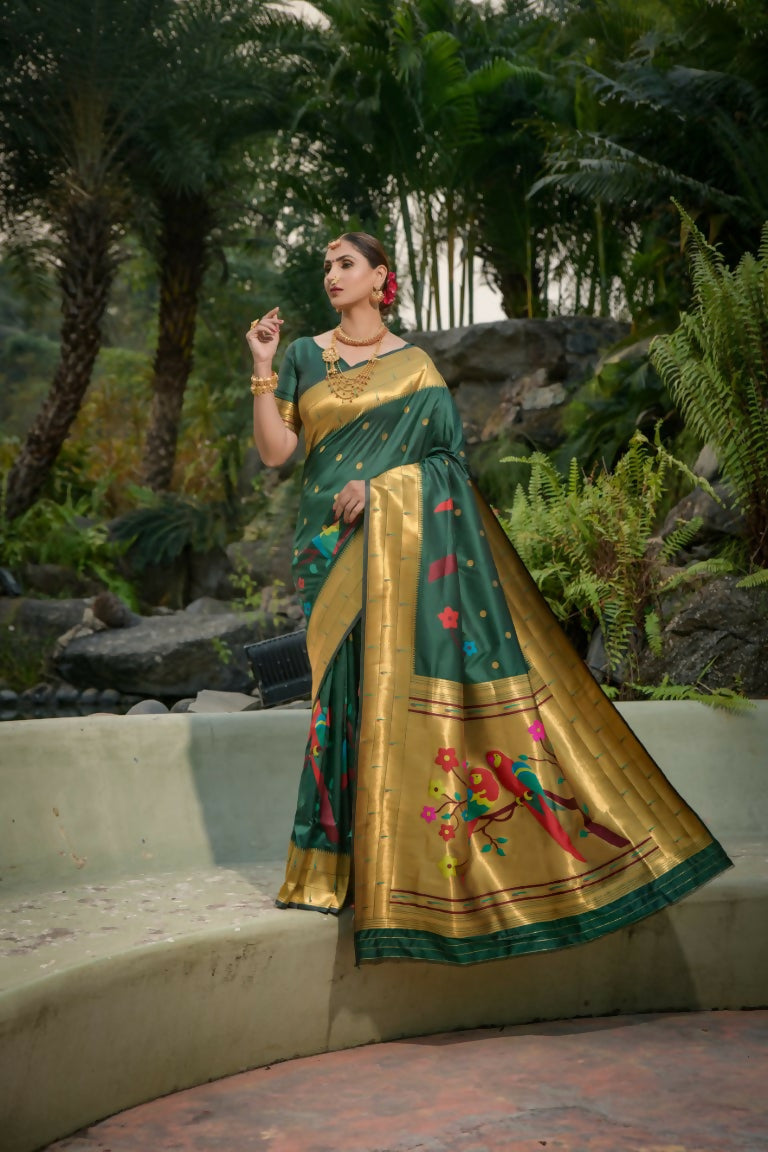 Jyoti Fashion Women's Bottle Green Paithani Silk Zari Woven Saree with Blouse