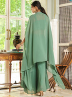 Janasya Sage Green Georgette Sequined Top Bottom Cape