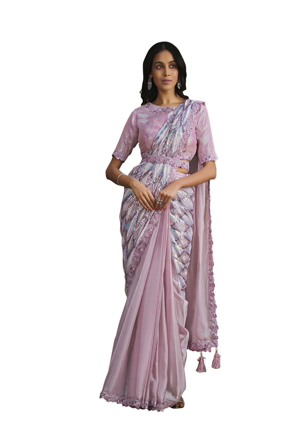 Light Pink Crepe Satin Silk Sequence Embroidered Saree With Stitched Blouse - Mohmanthan La Belle