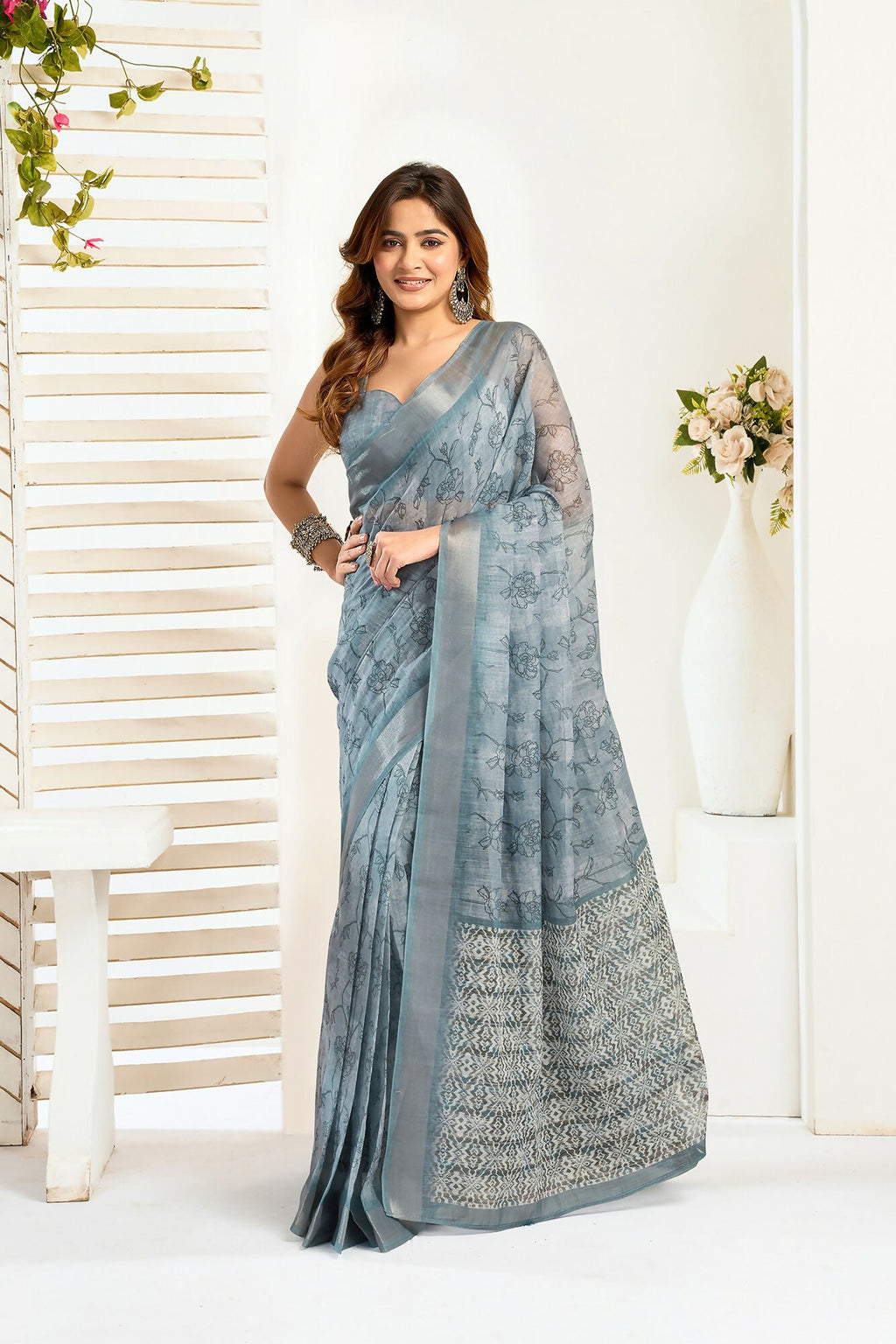 Vastranavya Sea Blue Digital Printed Linen Ready To Wear Designer Saree with Unstitched Blouse - Distacart