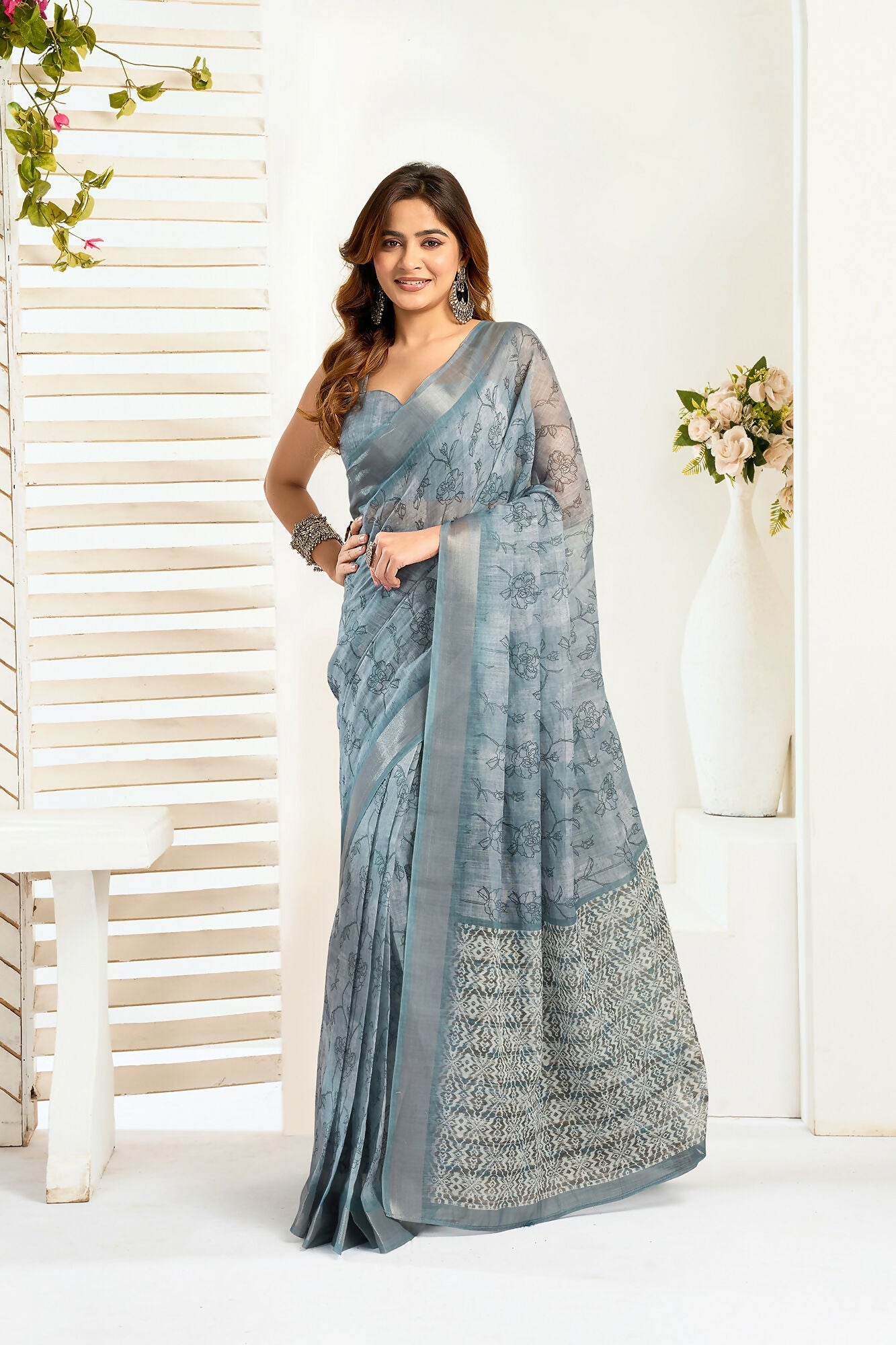 Vastranavya Sea Blue Digital Printed Linen Ready To Wear Designer Saree with Unstitched Blouse - Distacart