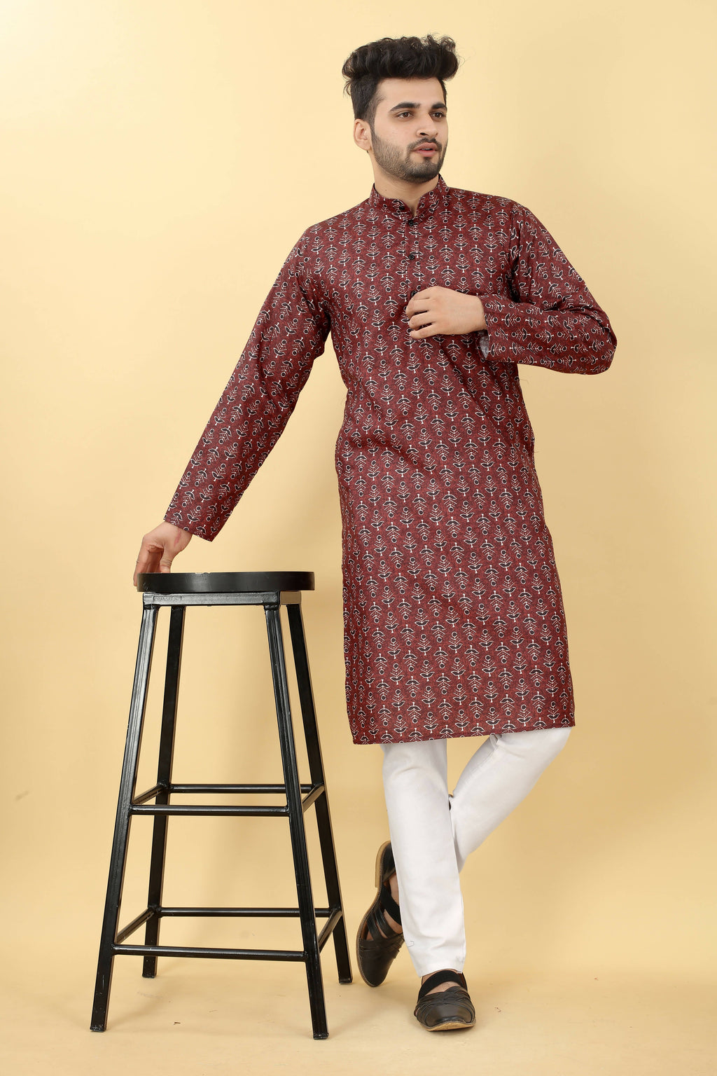 Maroon Cotton Printed Men's Kurta - Mahotsav