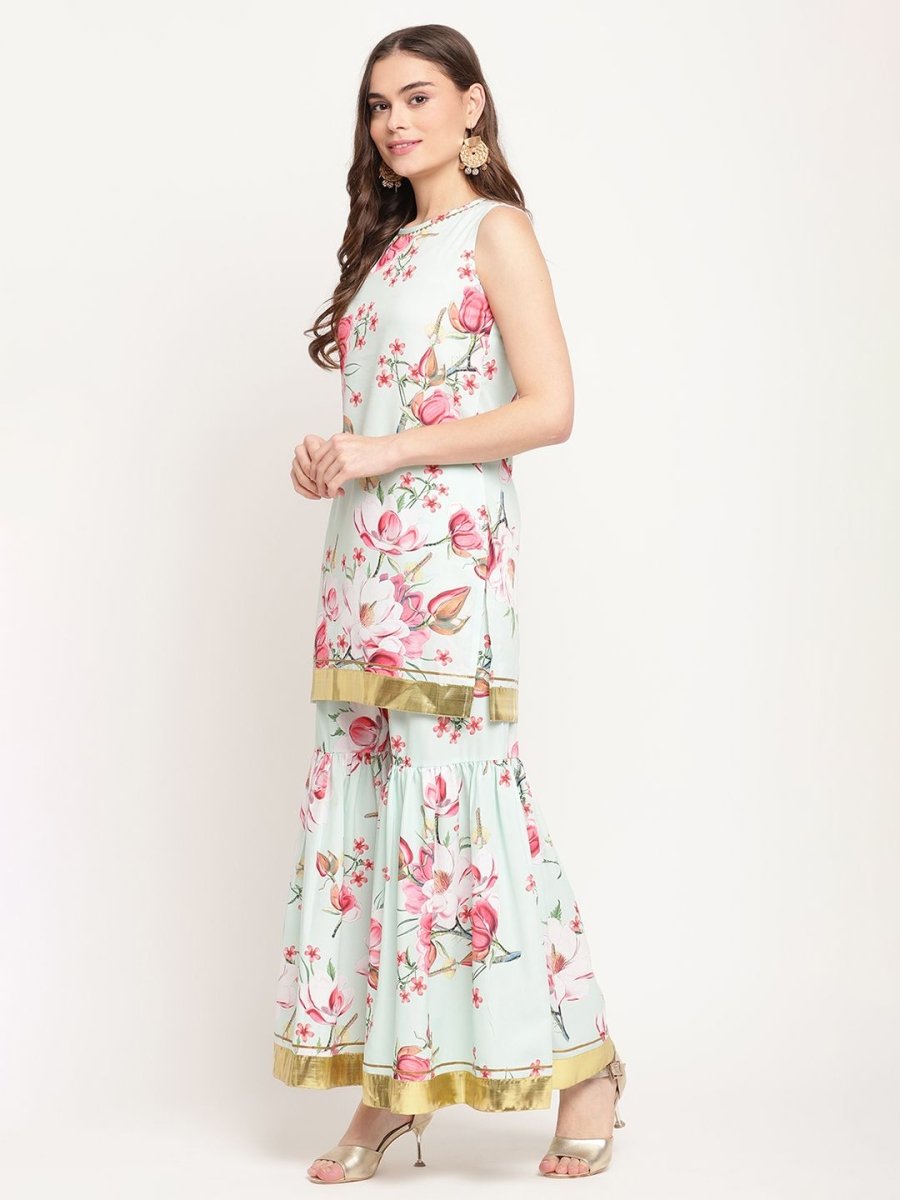 Ahalyaa Women's Mint Green Crepe Digital Floral Print Kurta Sharara Set with Dupatta