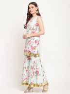 Ahalyaa Women's Mint Green Crepe Digital Floral Print Kurta Sharara Set with Dupatta