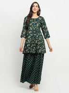 Rudra Bazaar Green Gold Printed Short Kurti With Skirt - Distacart
