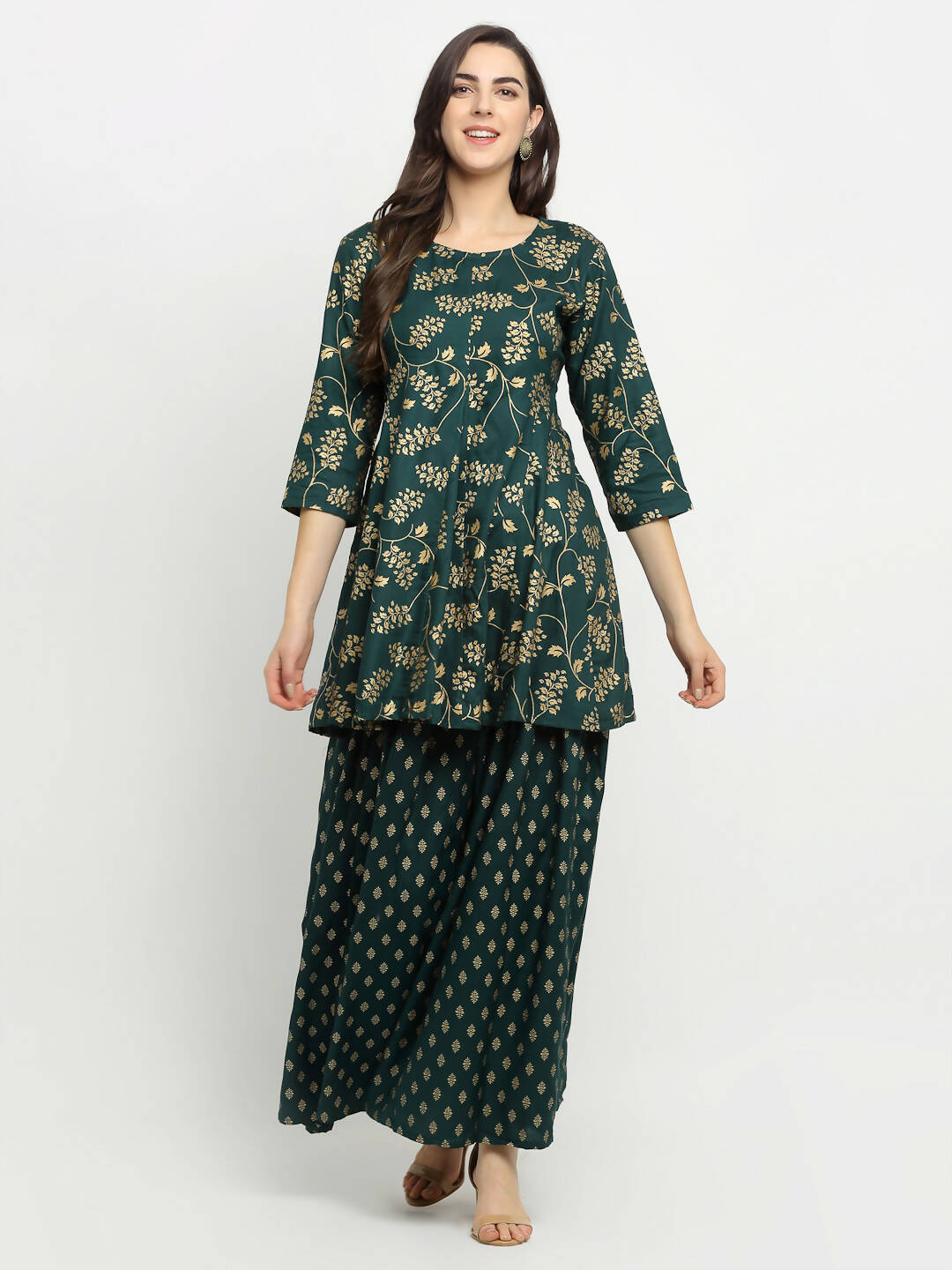 Rudra Bazaar Green Gold Printed Short Kurti With Skirt - Distacart