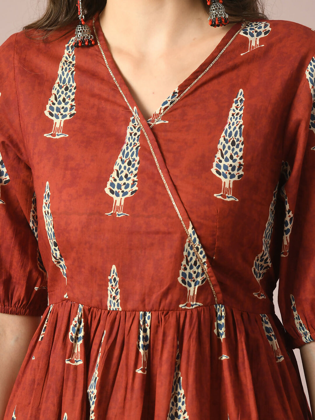 Myshka Women's Rust Printed Cotton V-Neck Empire Party Dress - Distacart