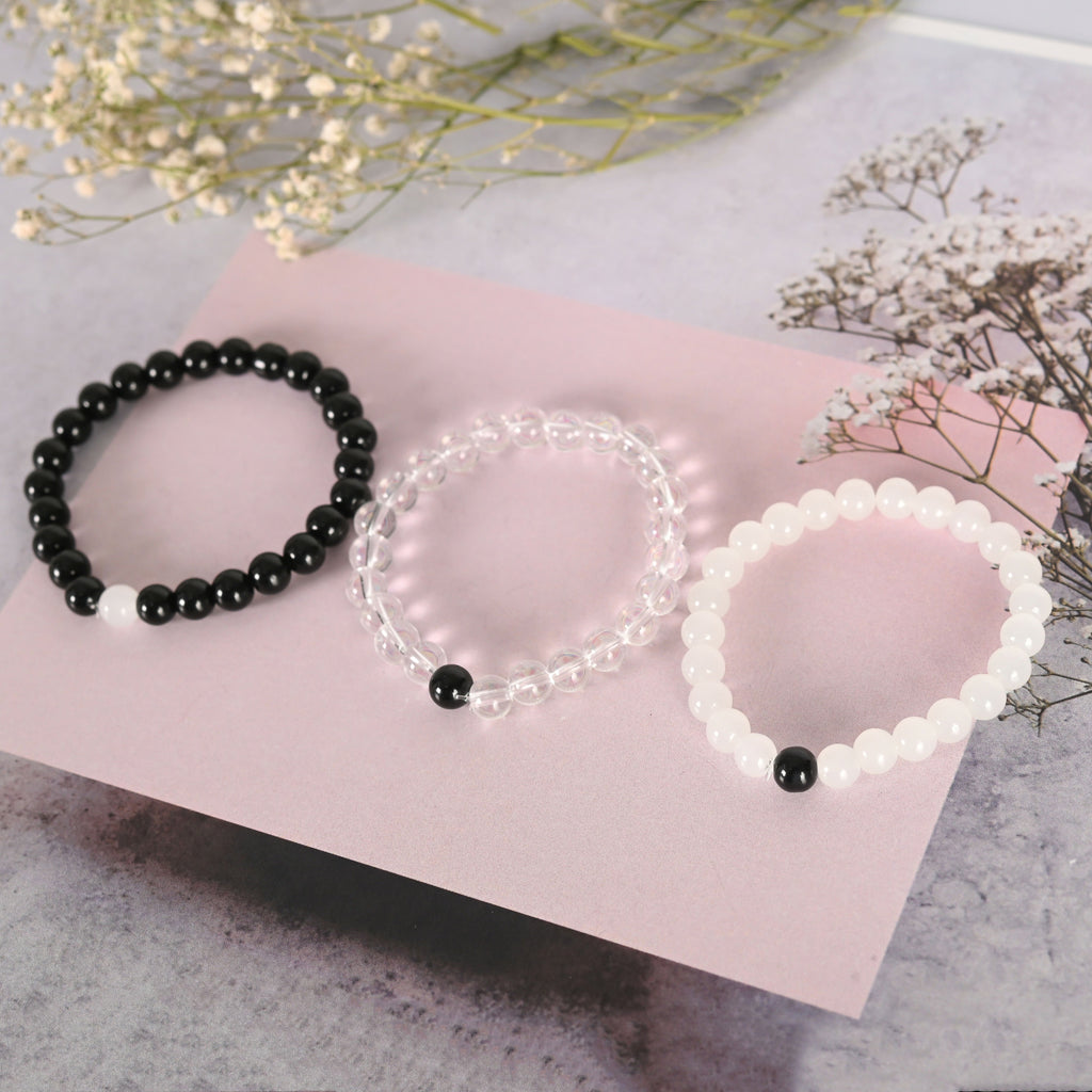 NVR Men & Women Transparent & White & Black Marbel Crystal Elasticated Bracelet - Distacart